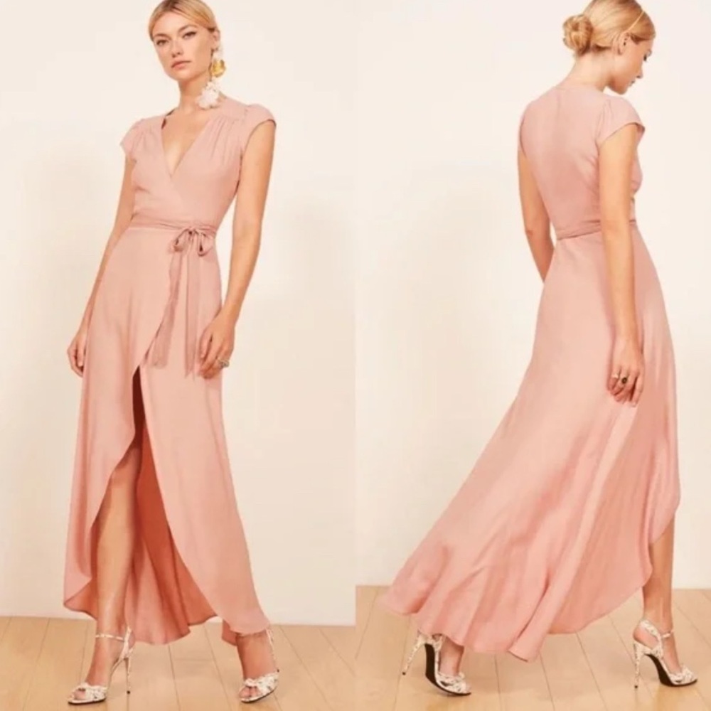 Reformation women’s Charmomile Maxi Wrap Dress blush pink short sleeve V neck S
